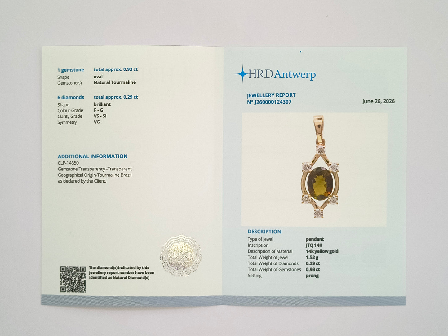 1.22 Ct Oval Natural Tourmaline 14K Gold Pendant