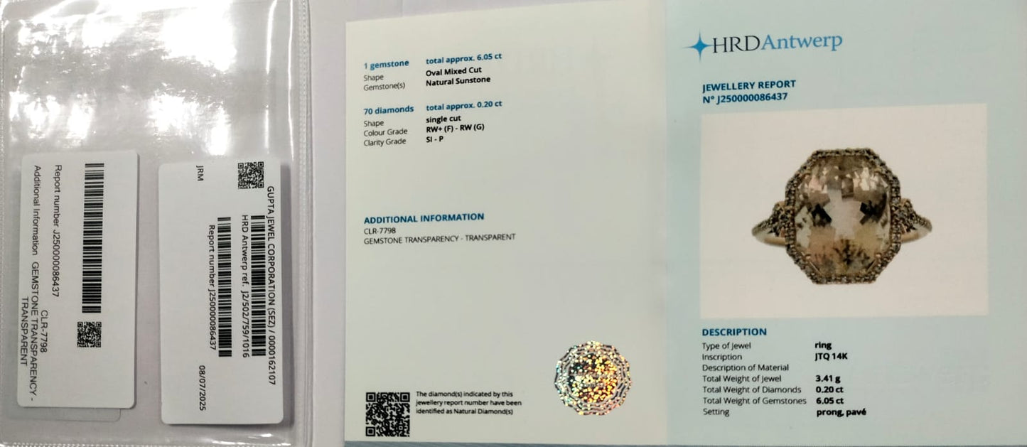 6.25 Ct Oval Mixed Cut Natural Sunstone 14K Gold Ring