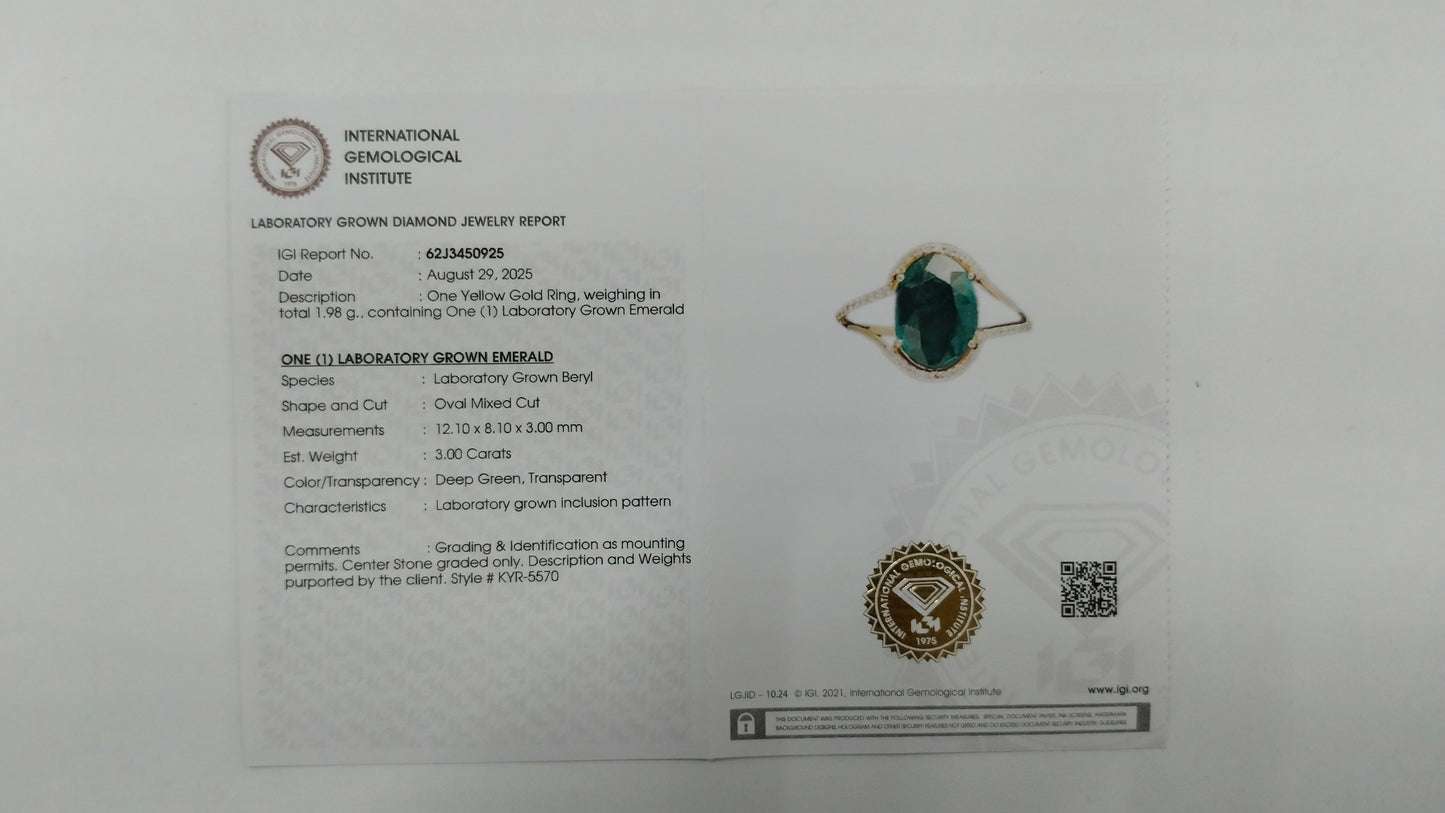 3.12 Ct Oval Mixed Cut Lab Grown Emerald 14K Gold Ring