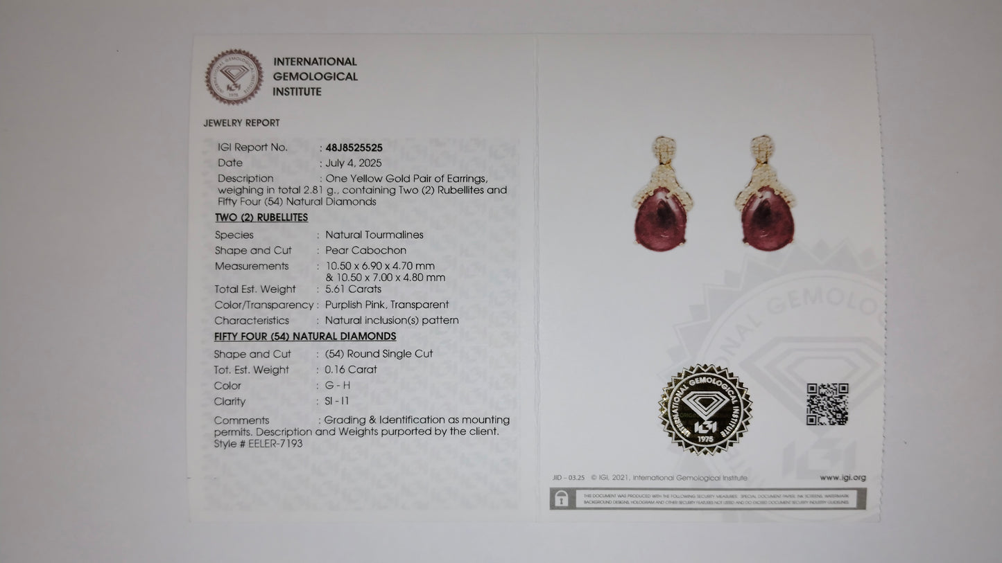 5.77 Ct Pear Cabochon Natural Tourmaline 14K Gold Earrings