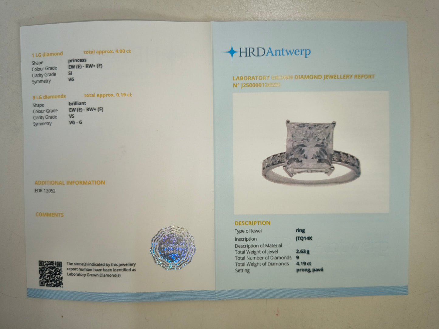 4.19 Carats Lab Grown Diamond 14K Gold Ring