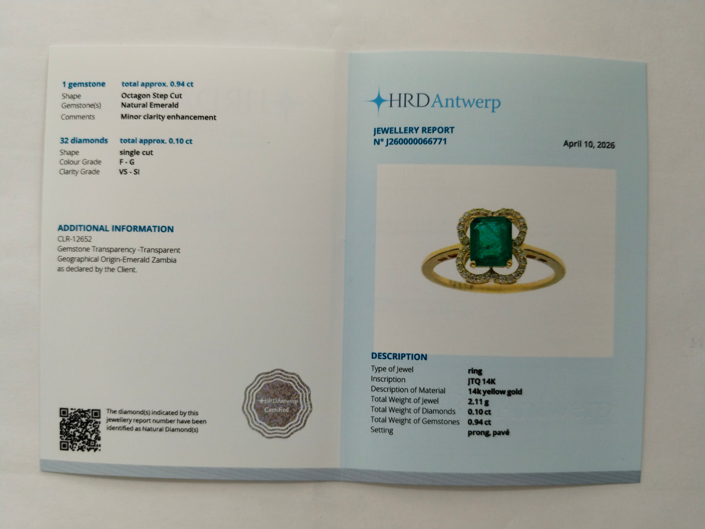 1.04 Ct Octagon Step Cut Natural Emerald 14K Gold Ring