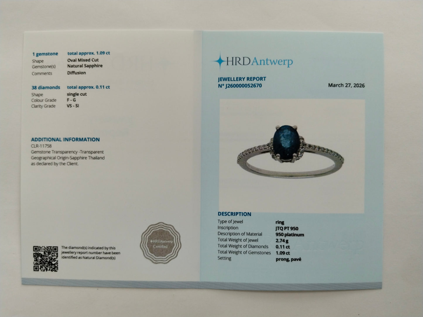 1.20 Ct Oval Mixed Cut Natural Sapphire 950 Platinum Ring