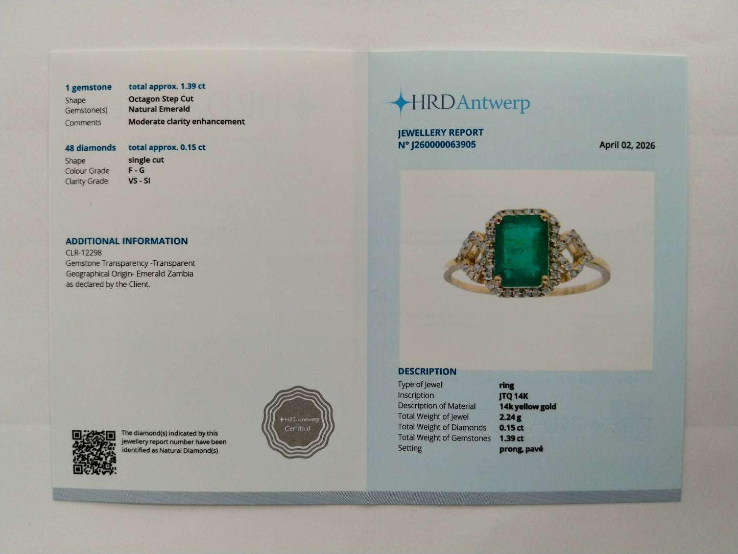 1.54 Ct Octagon Step Cut Natural Emerald 14K Gold Ring