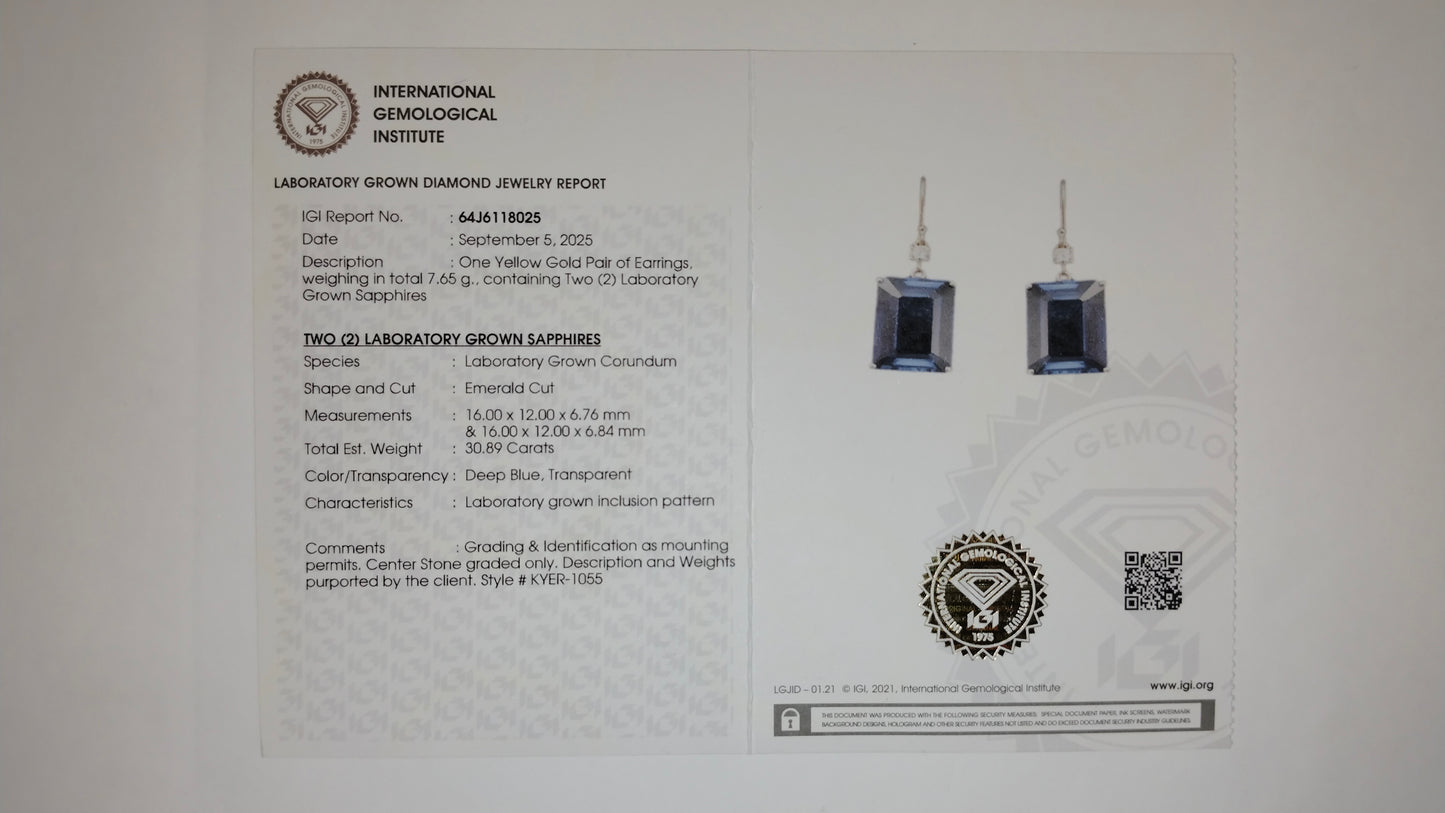 31.07 Ct Emerald Cut Lab Grown Sapphire 14K Gold Earrings