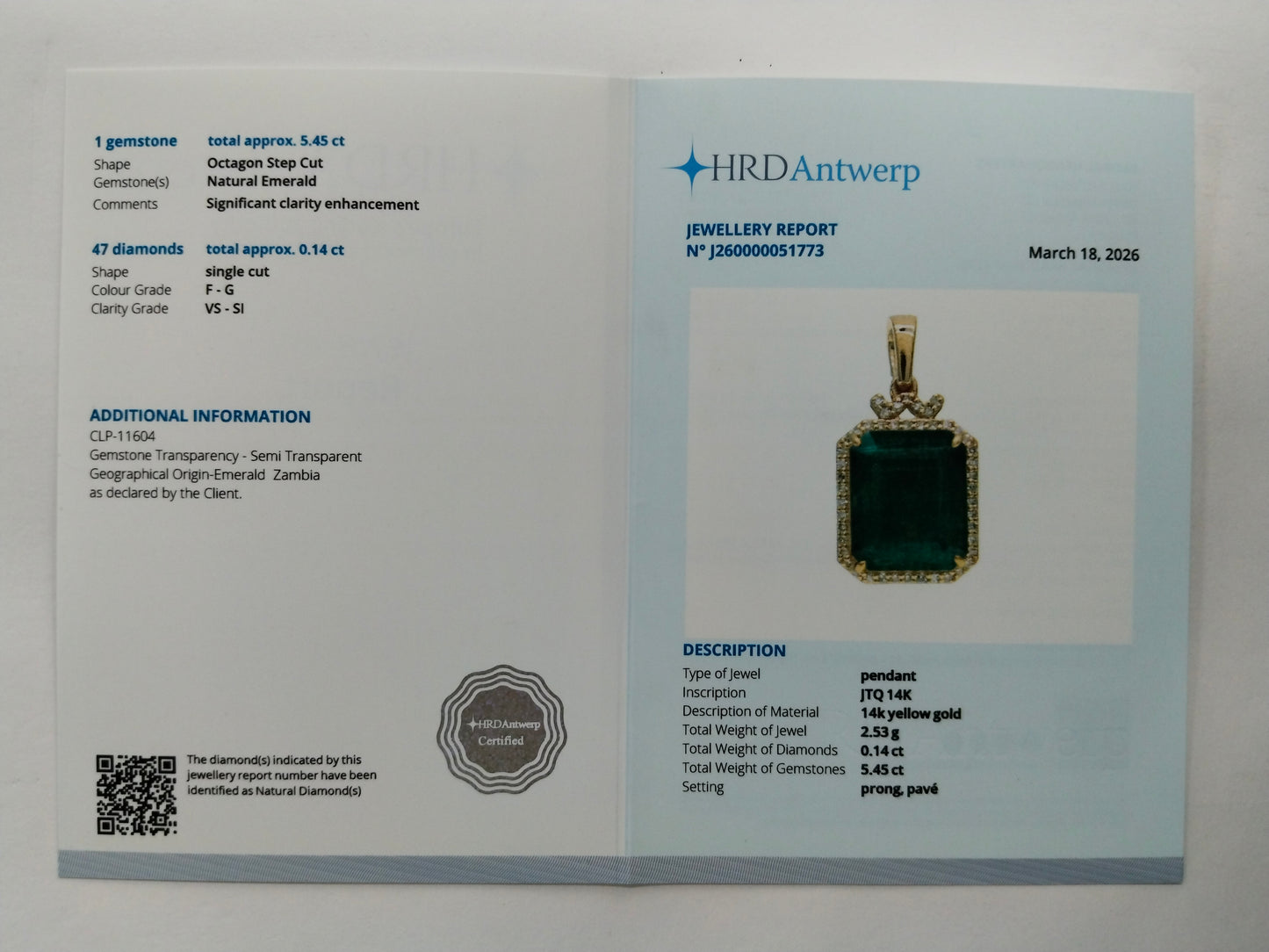 5.59 Ct Octagon Step Cut Natural Emerald 14K Gold Pendant