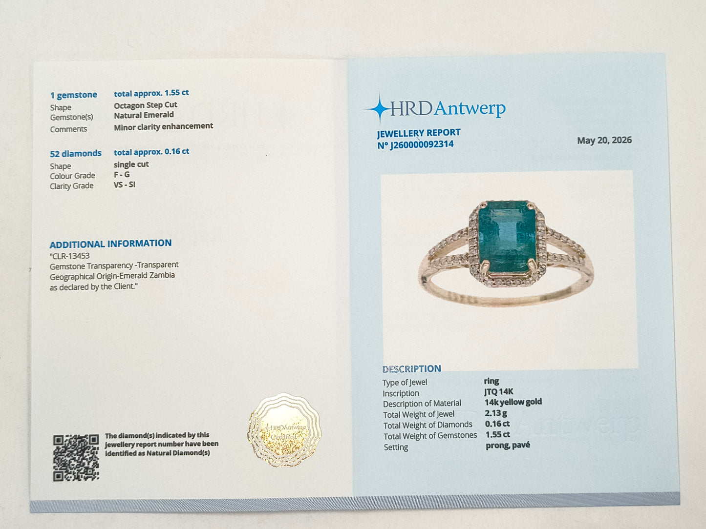 1.71 Ct Octagon Emerald 14K Gold Ring