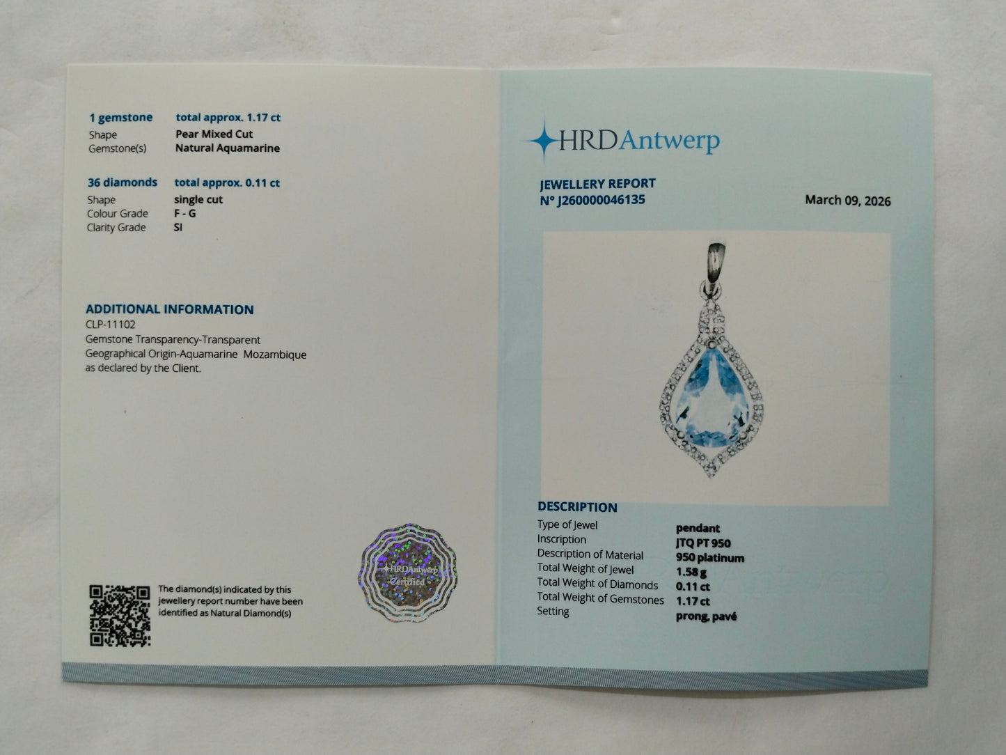 1.28 Ct Pear Mixed Cut Natural Aquamarine 950 Platinum Pendant