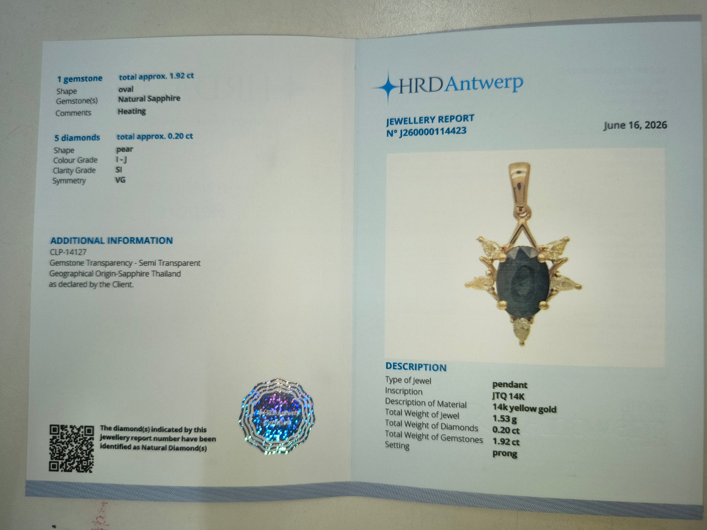2.12 Ct Oval Natural Sapphire 14K Gold Pendant