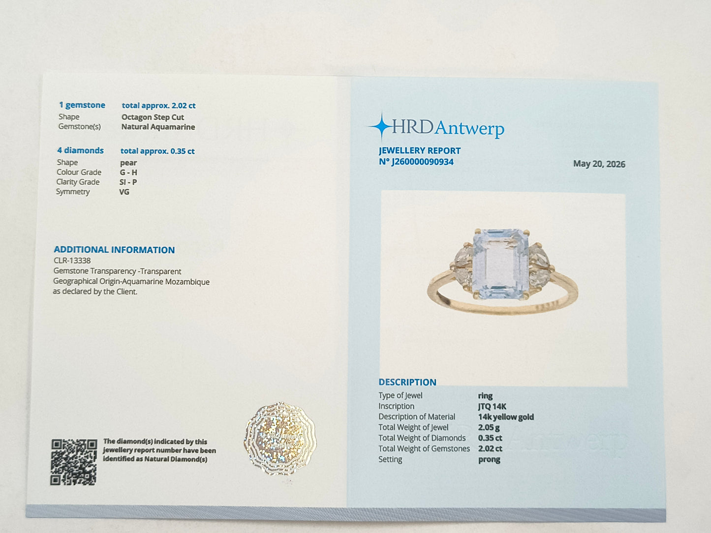 2.37 Ct Octagon Aquamarine 14K Gold Ring