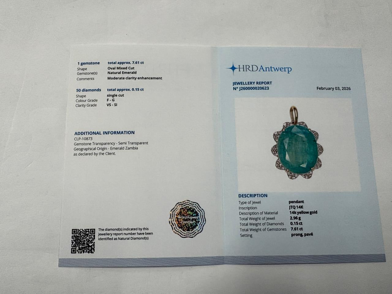 7.76 Ct Oval Mixed Cut Natural Emerald 14K Gold Pendant