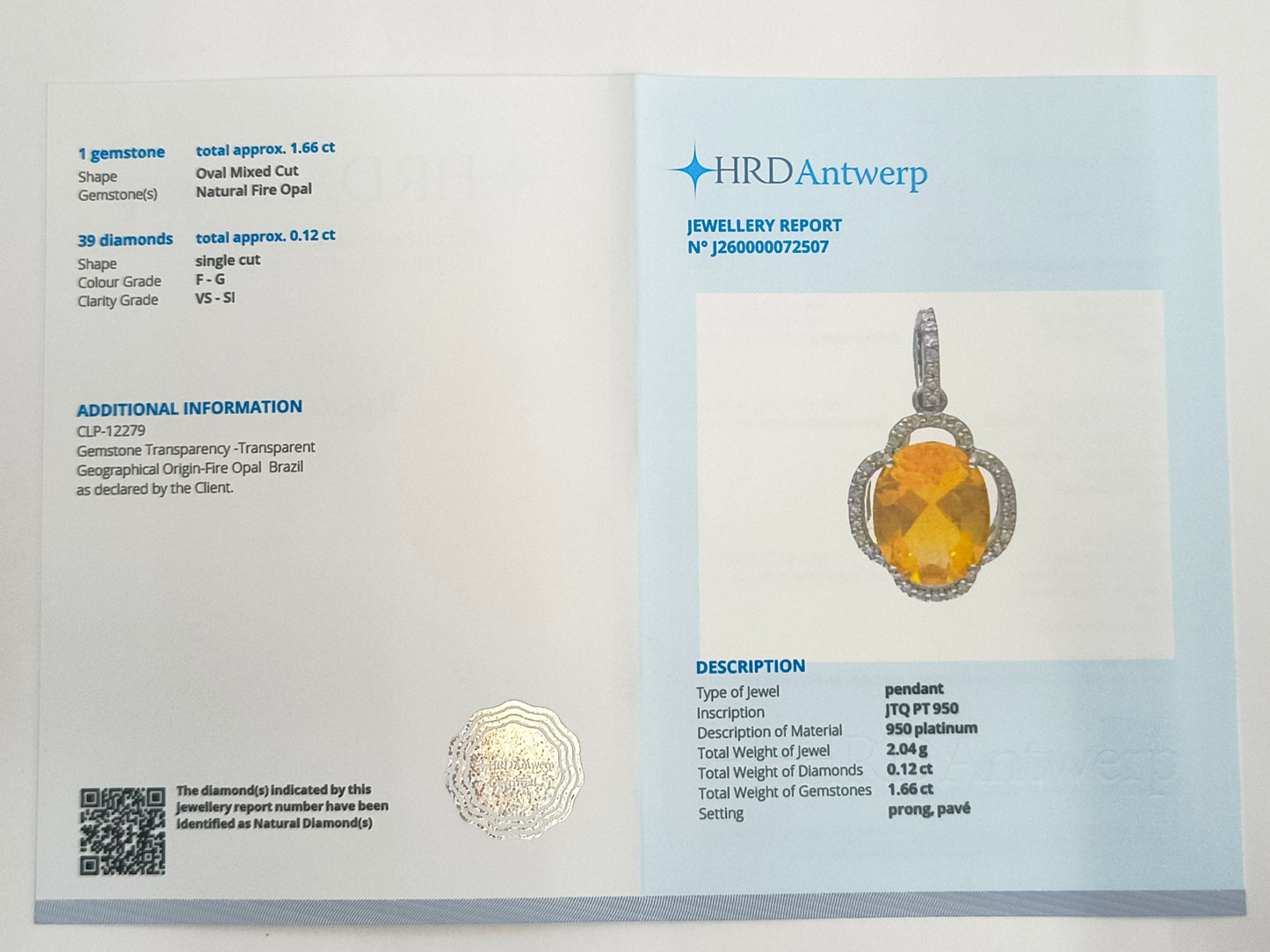 1.78 Ct Oval Mixed Cut Natural Fire Opal 950 Platinum Pendant