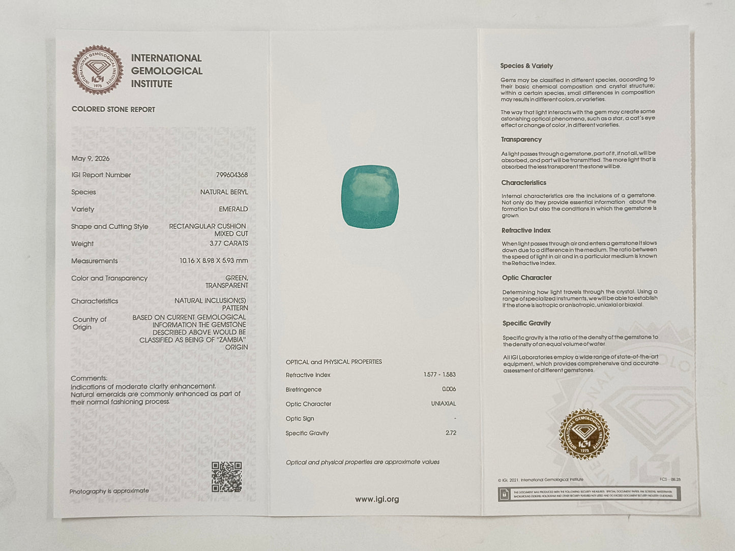 3.77 Natural Beryl Emerald Rectangular Cushion Mixed Cut Gemstone
