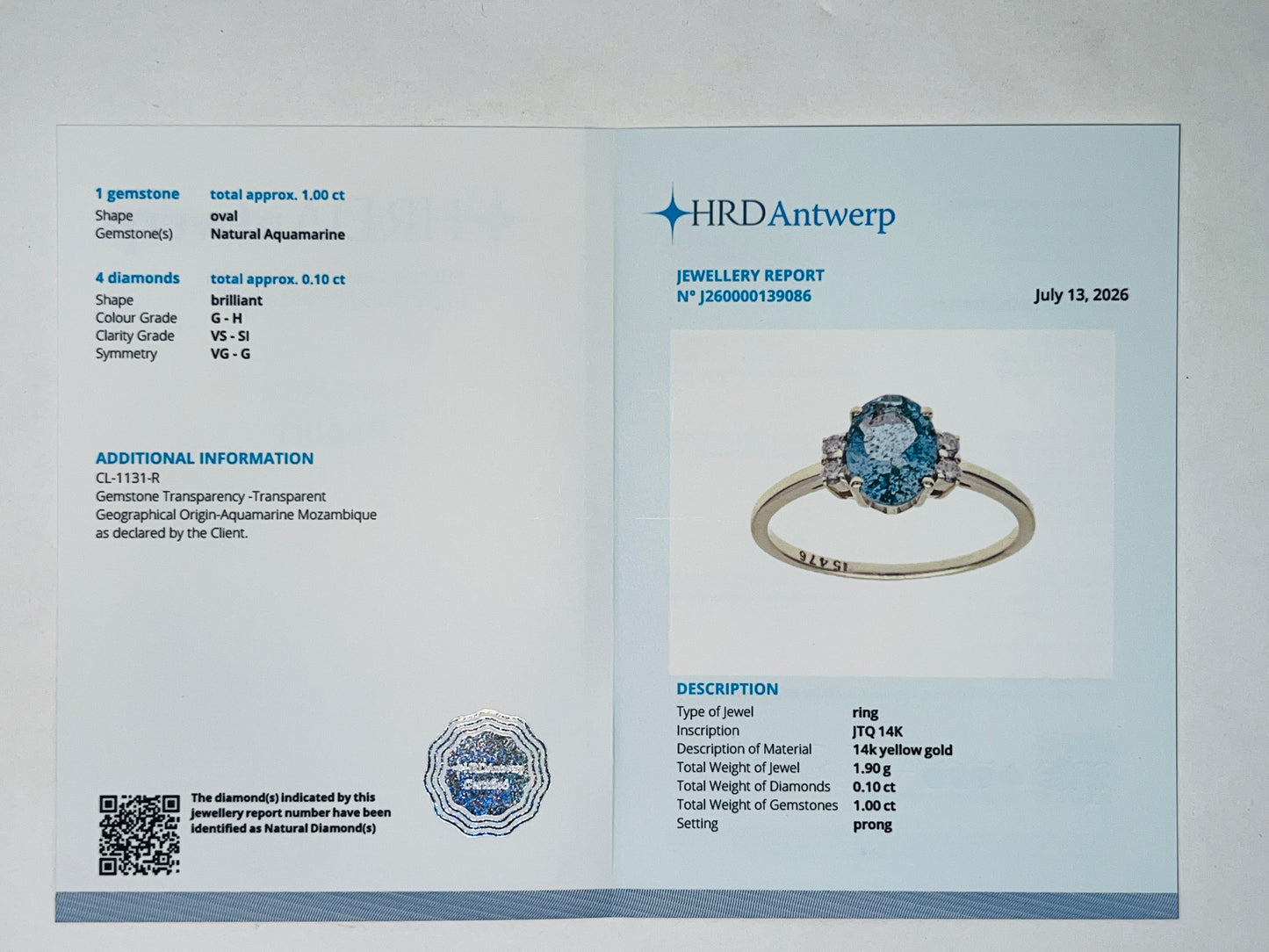 1.10 Ct Oval Natural Aquamarine 14K Gold Ring
