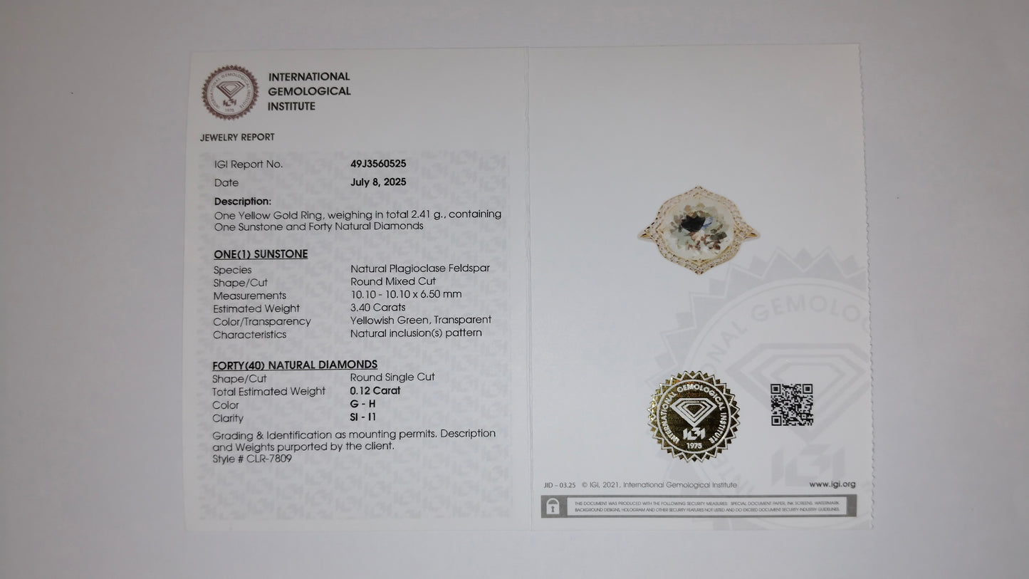 3.52 Ct Round Mixed Cut Natural Plagioclase Feldspar Sunstone 14K Gold Ring