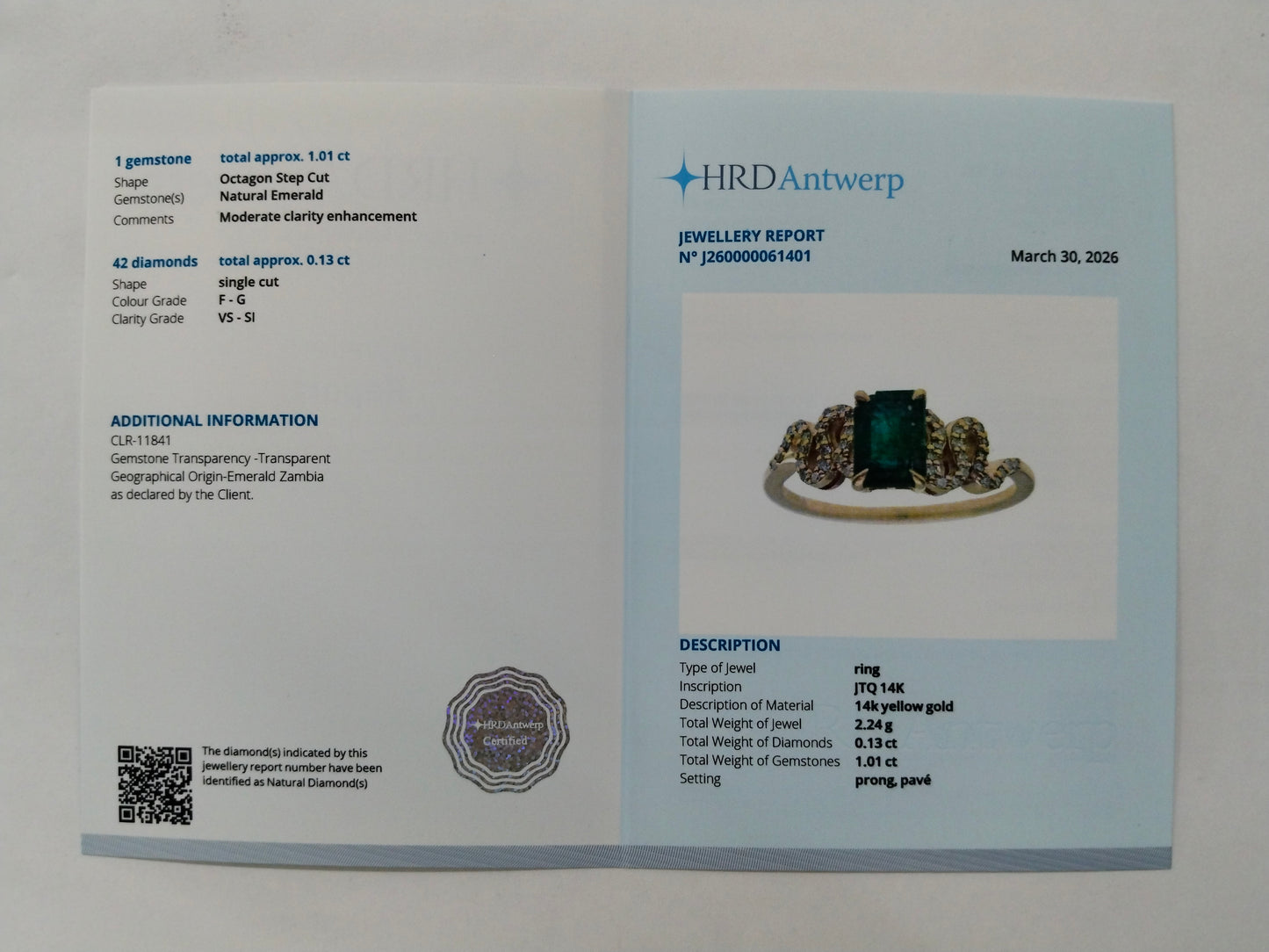 1.14 Ct Octagon Step Cut Natural Emerald 14K Gold Ring
