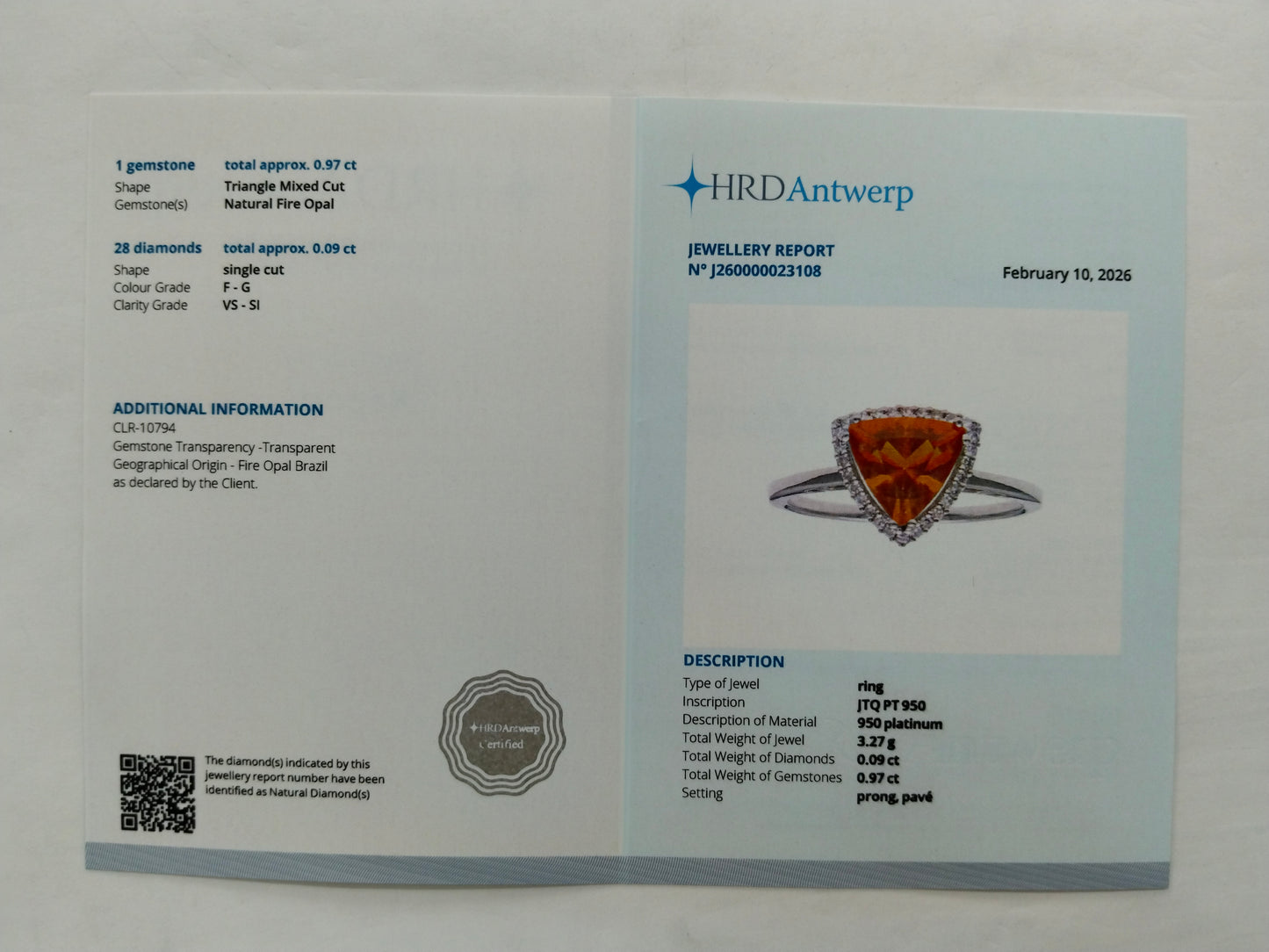 1.06 Ct Triangle Mixed Cut Natural Fire Opal 950 Platinum Ring