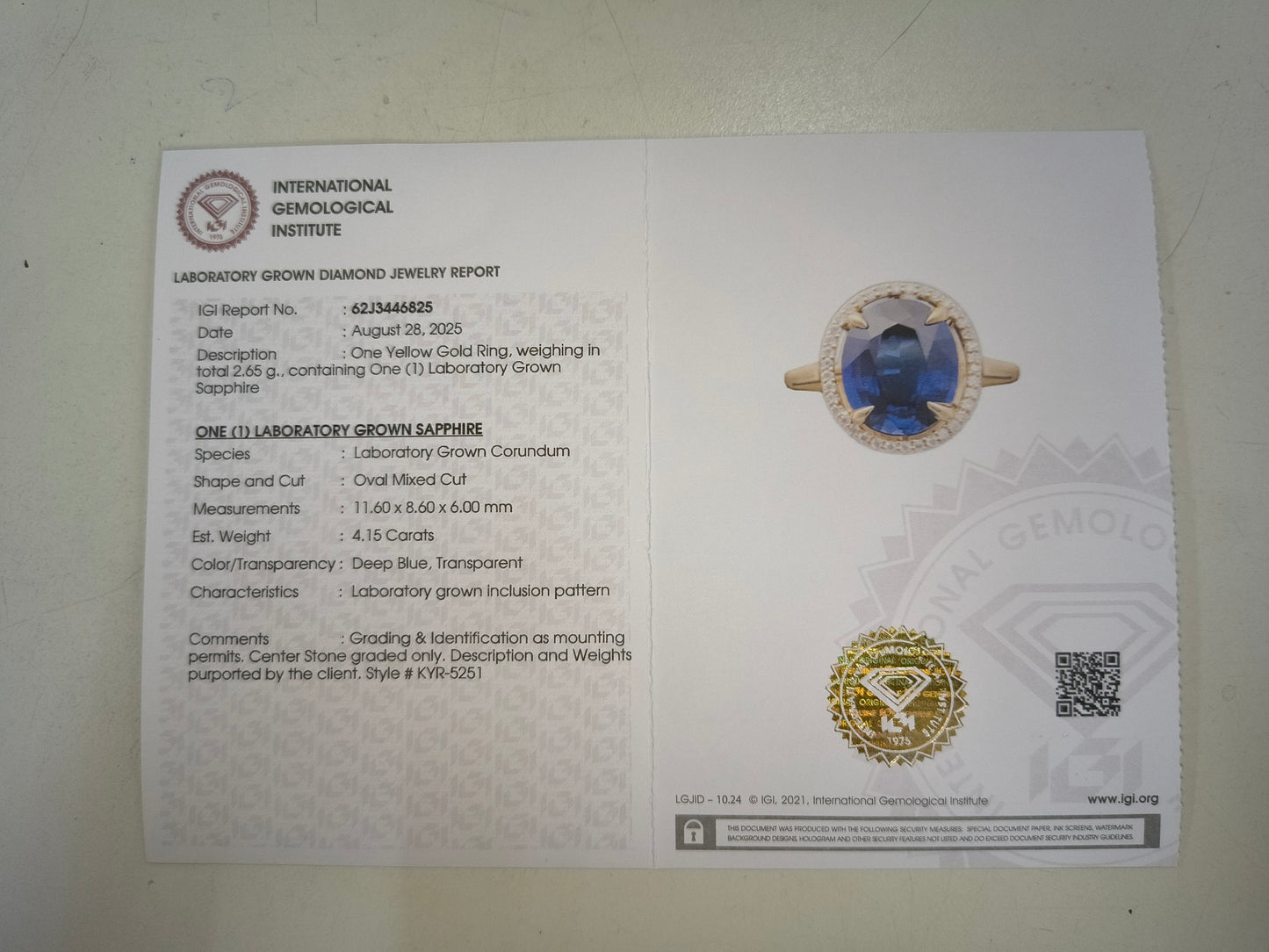 4.26 Ct Oval Mixed Cut Lab Grown Sapphire 14K Gold Ring