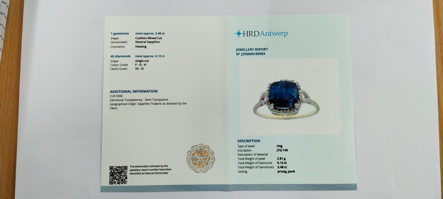 3.60 Ct Cushion Mixed Cut Natural Sapphire 14K Gold Ring