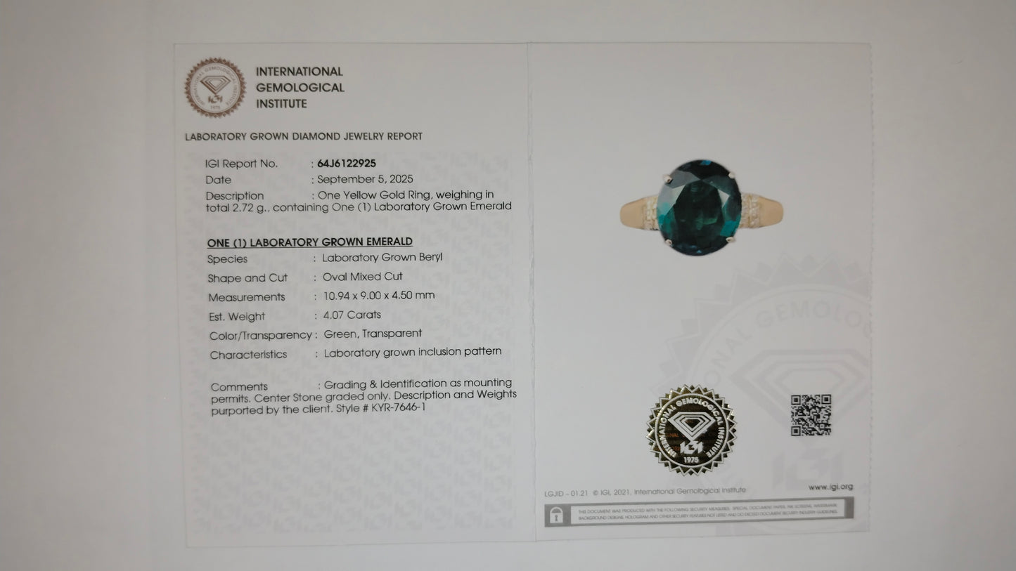 4.17 Ct Oval Lab Grown Emerald 14K Gold Ring