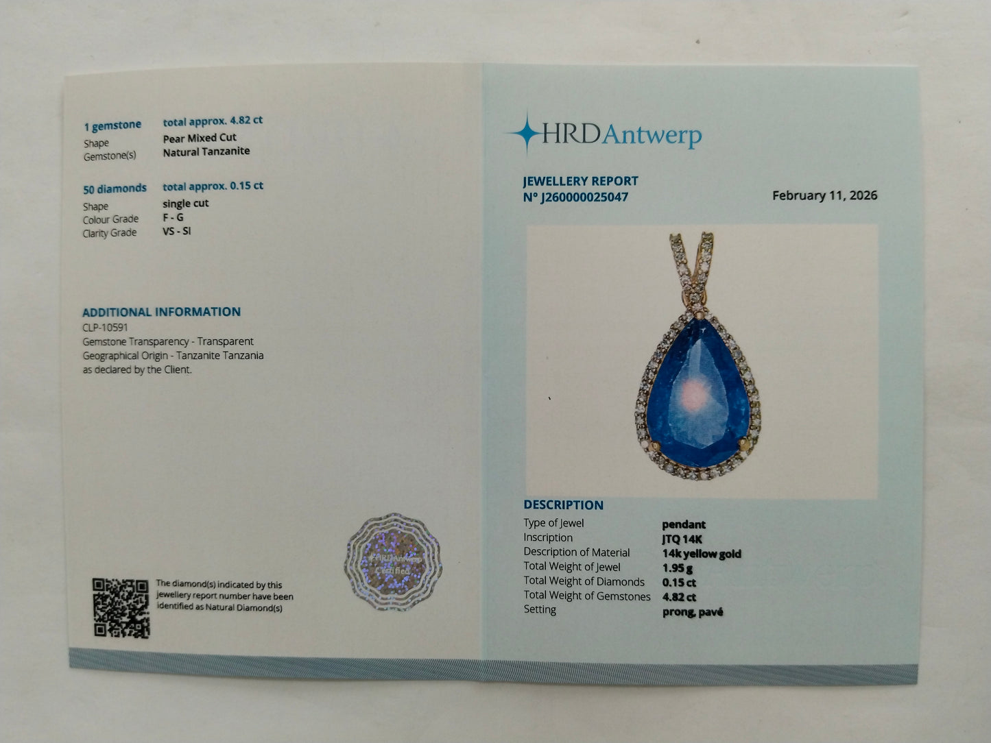 4.97 Ct Pear Mixed Cut Natural Tanzanite 14K Gold Pendant