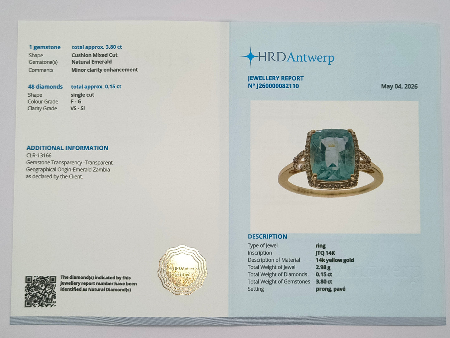 3.95 Ct Cushion Mixed Cut Natural Emerald 14K Gold Ring
