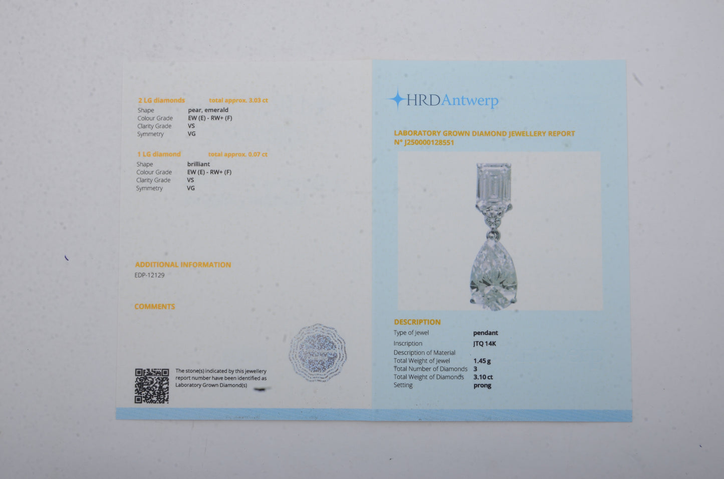 3.10 Carats Lab Grown Diamond 14K Gold Pendant