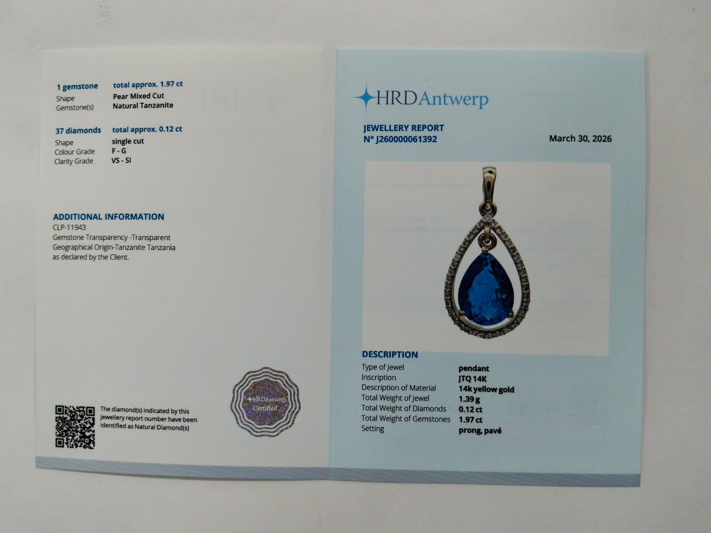 2.09 Ct Pear Mixed Cut Natural Tanzanite 14K Gold Pendant