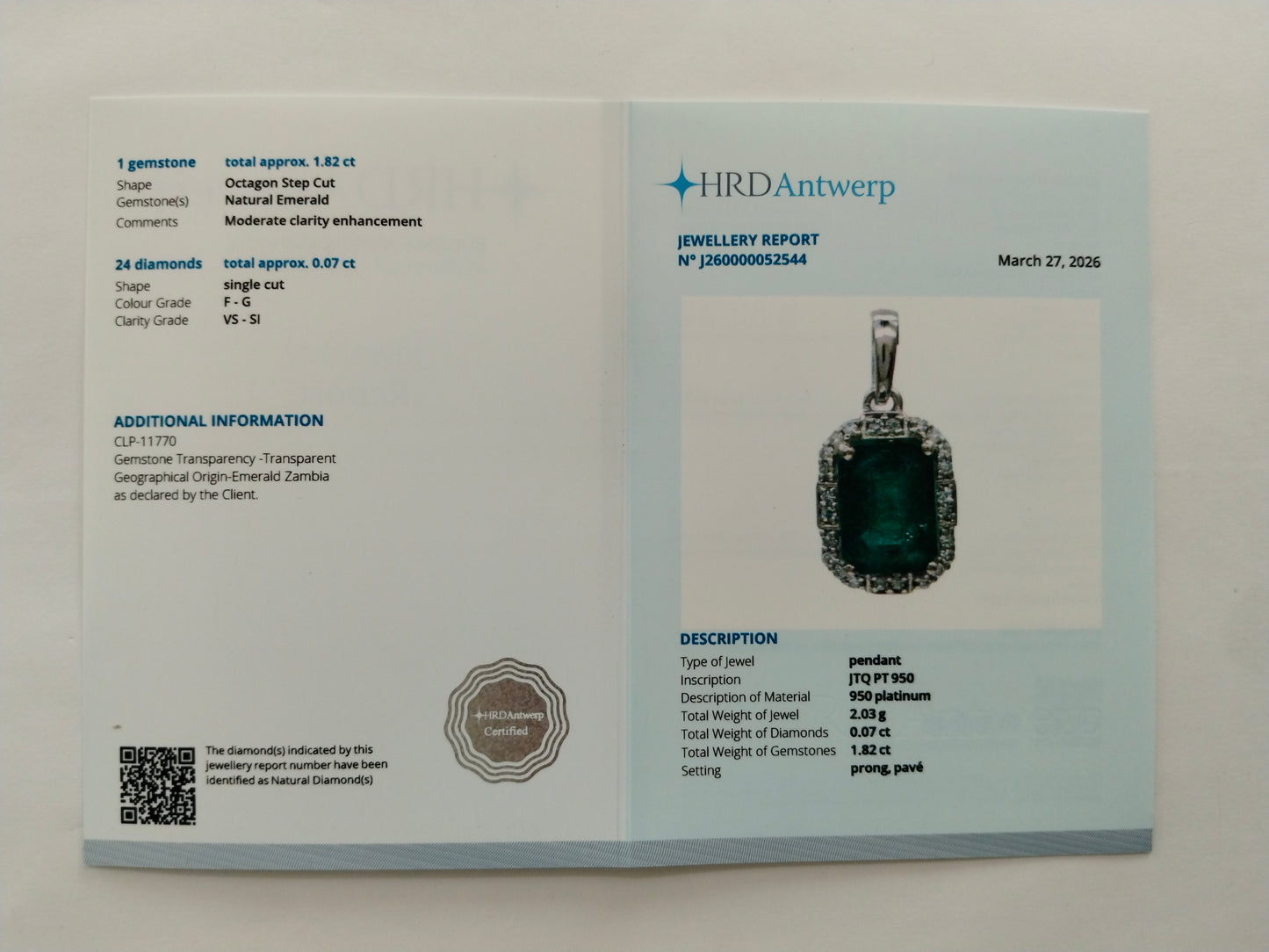 1.89 Ct Octagon Step Cut Natural Emerald 950 Platinum Pendant