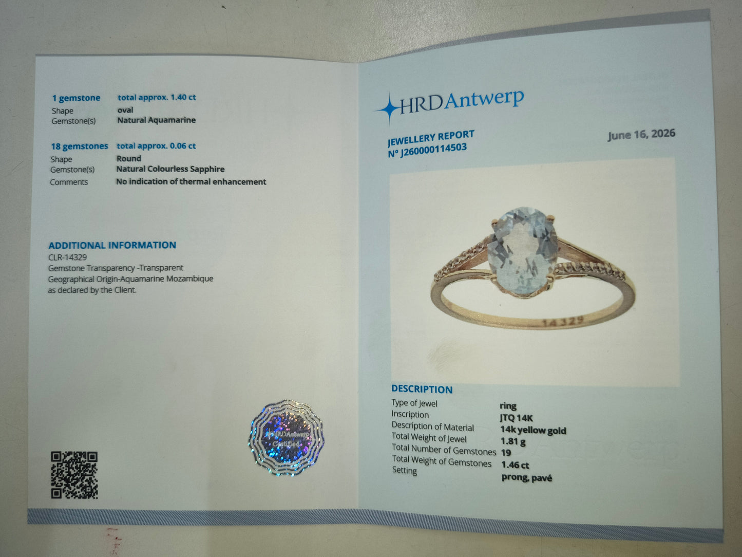 1.46 Ct Oval Natural Aquamarine 14K Gold Ring
