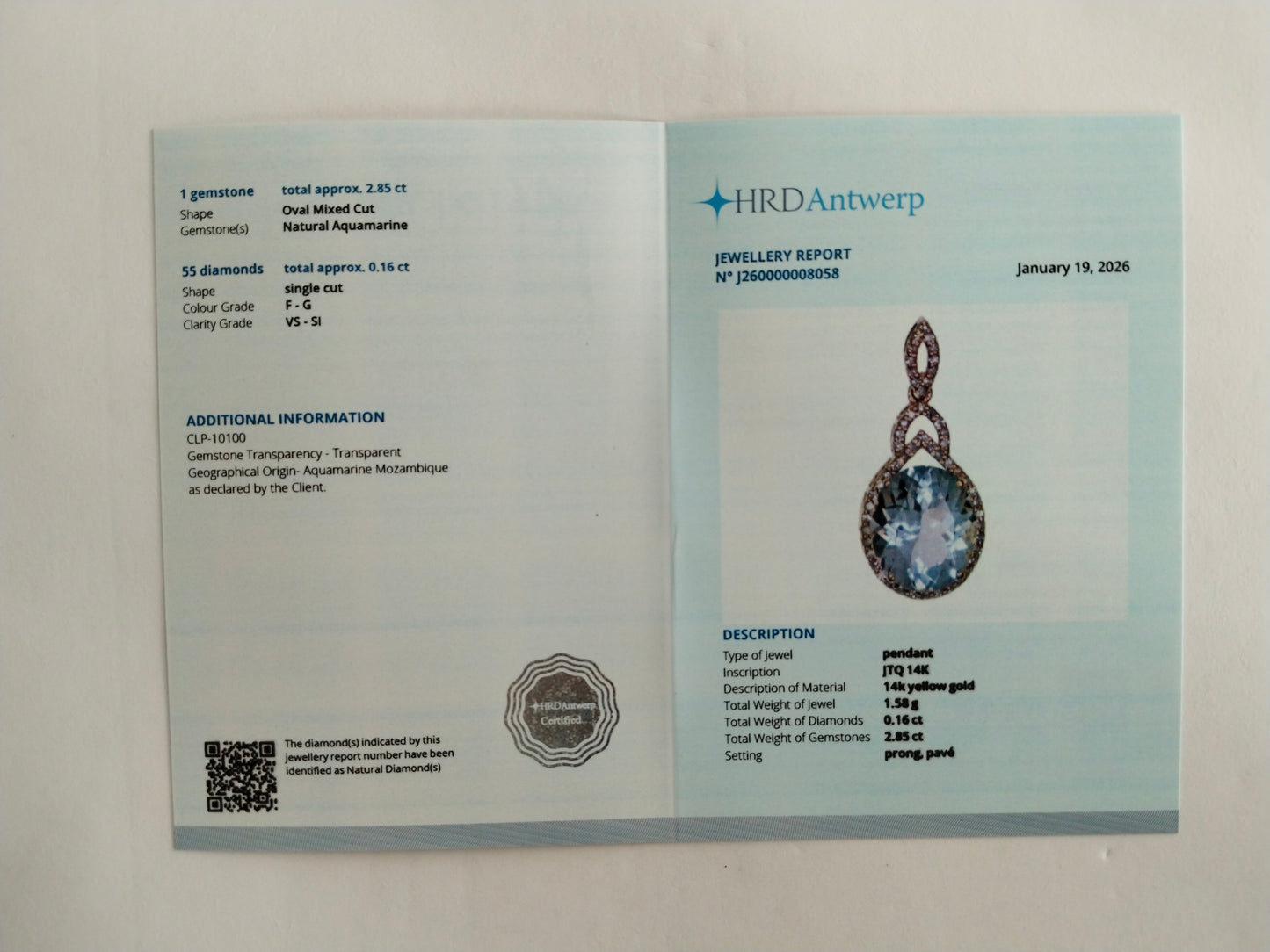 3.01 Ct Oval Mixed Cut Natural Aquamarine 14K Gold Pendant