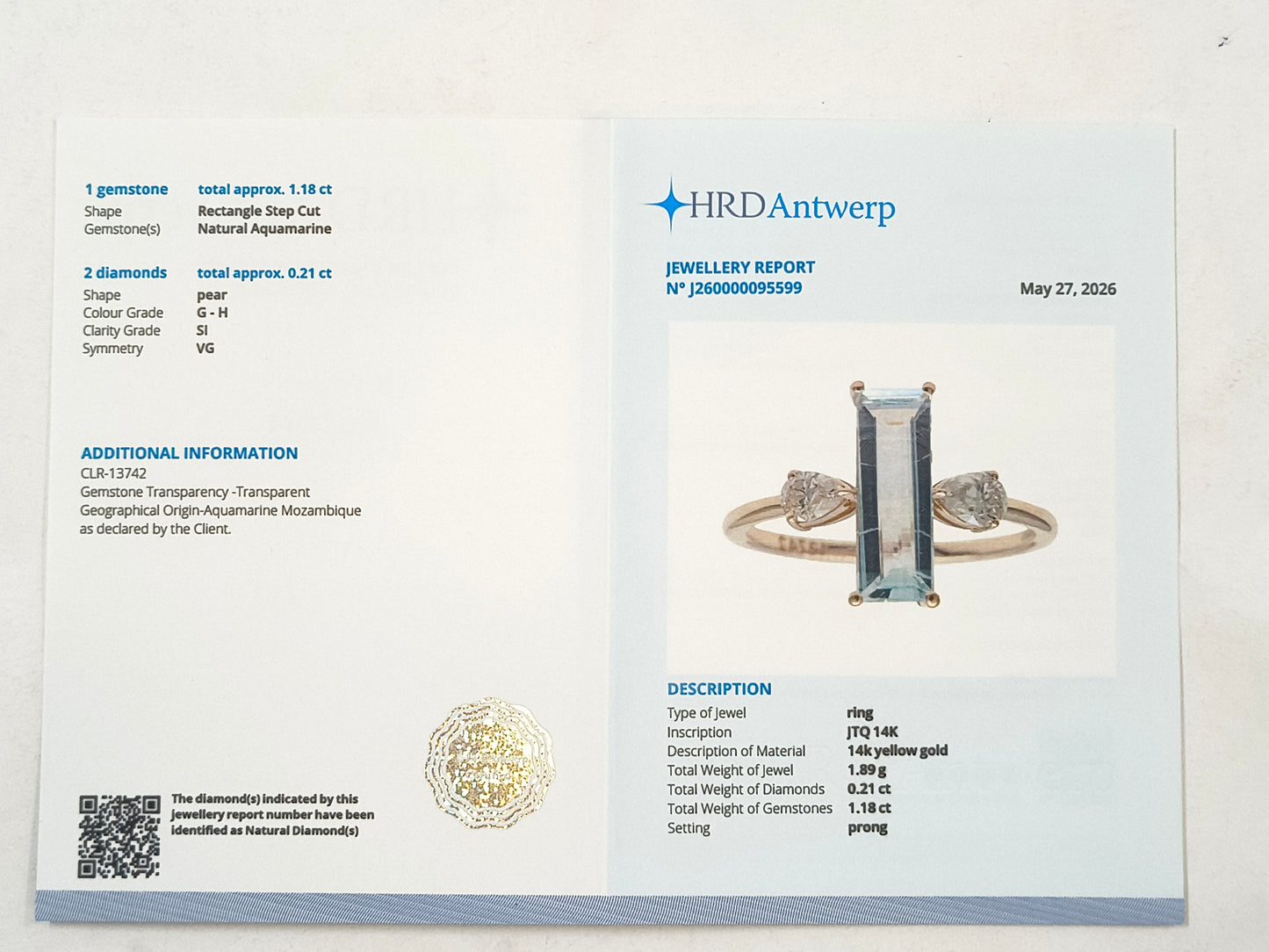 1.39 Ct Rectangle Step Cut Natural Aquamarine 14K Gold Ring
