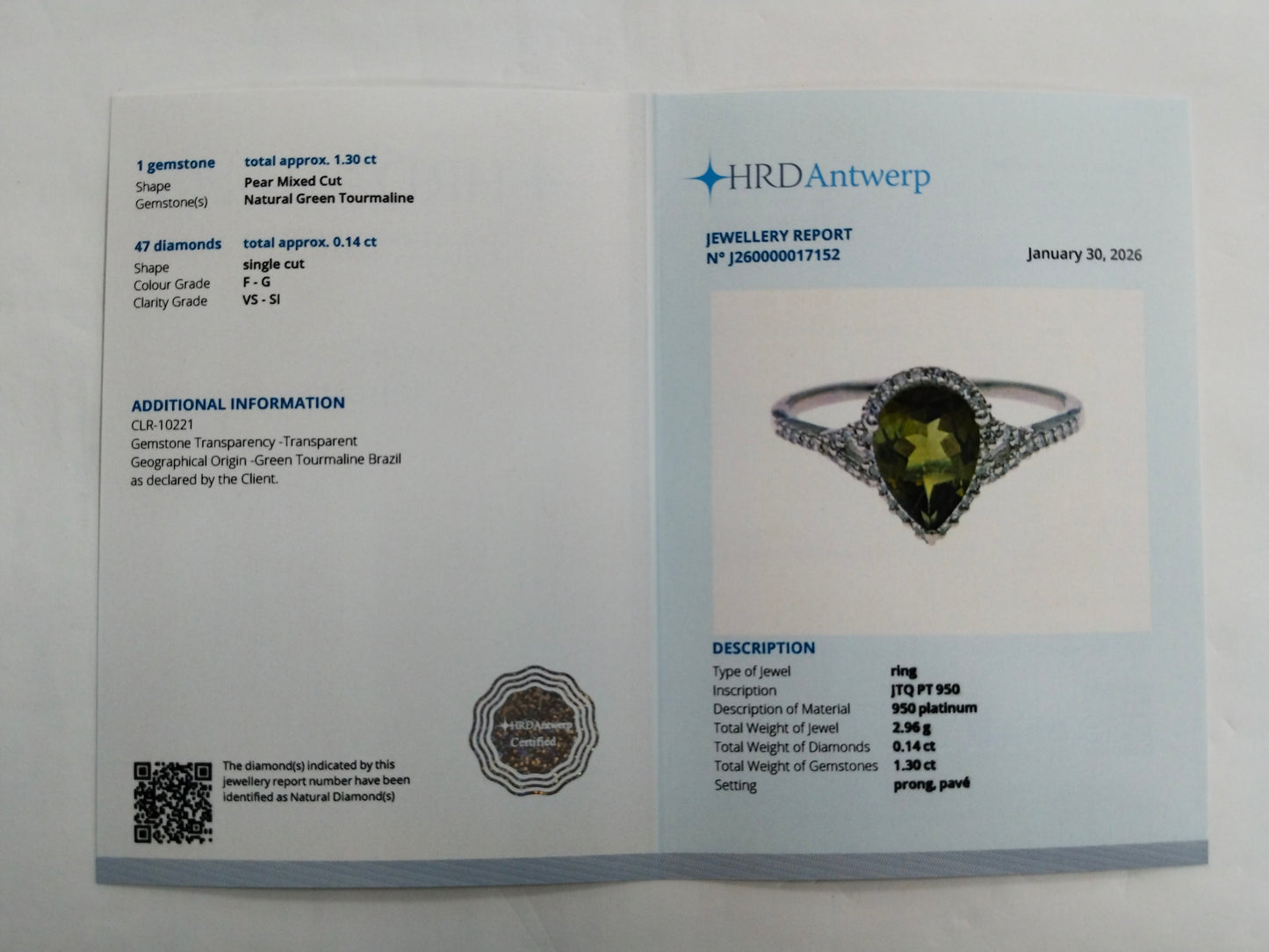 1.44 Ct Pear Mixed Cut Natural Green Tourmaline 950 Platinum Ring