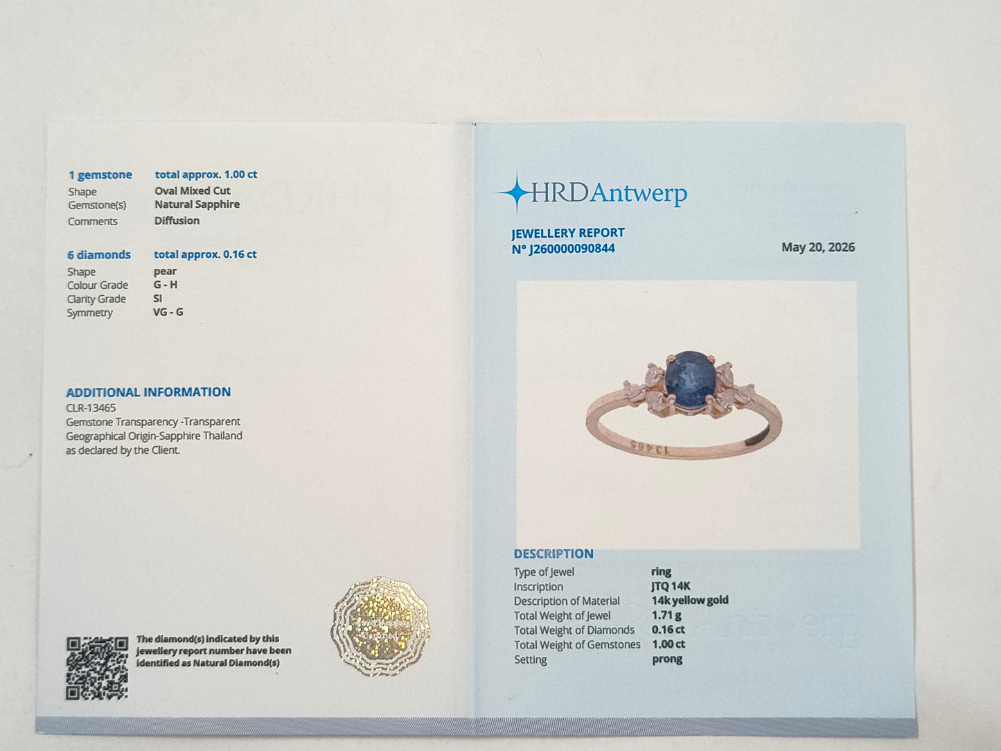 1.16 Ct Oval Sapphire 14K Gold Ring