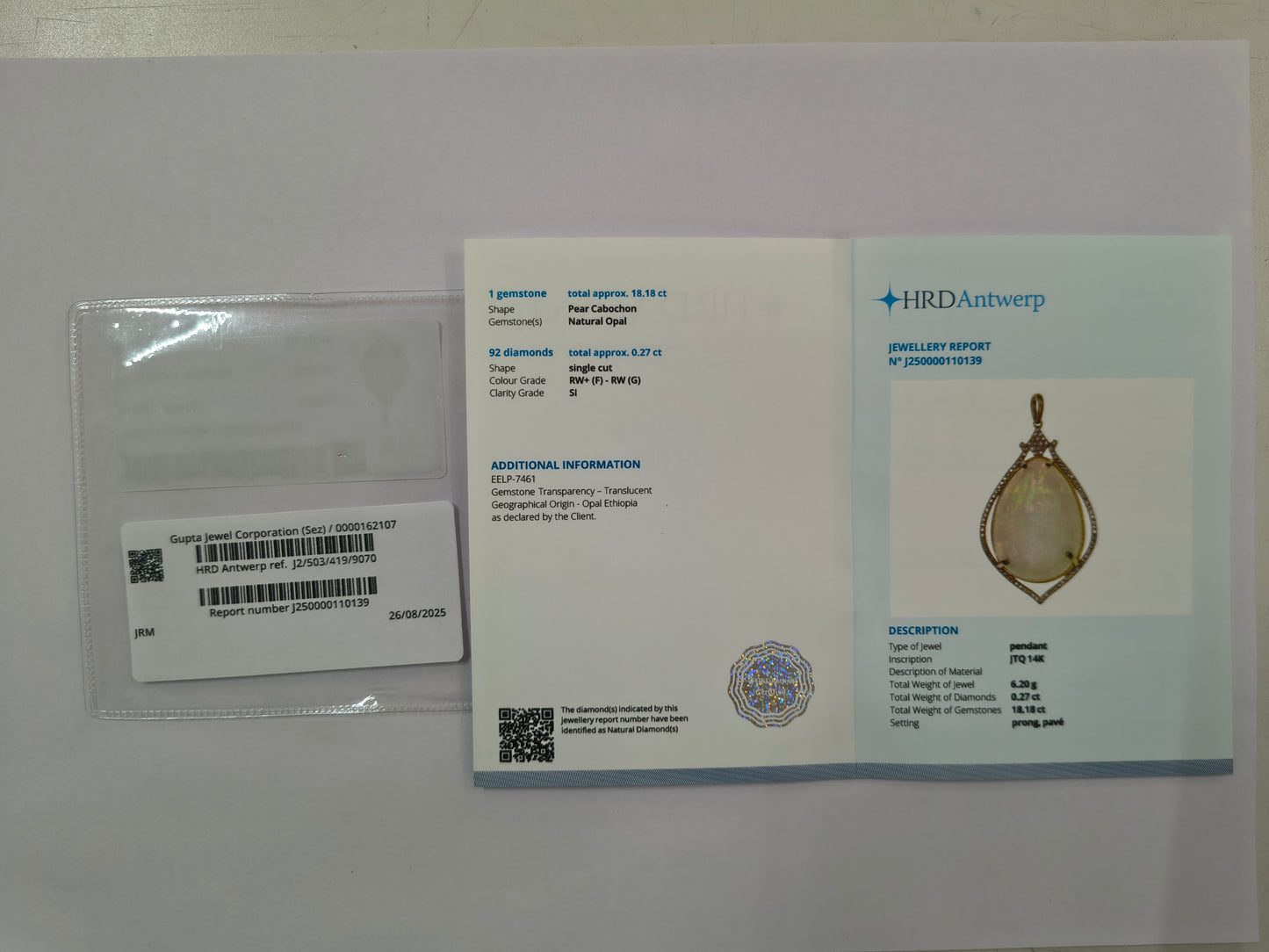 18.45 Ct Pear Cabochon Natural Opal 14K Gold Pendant