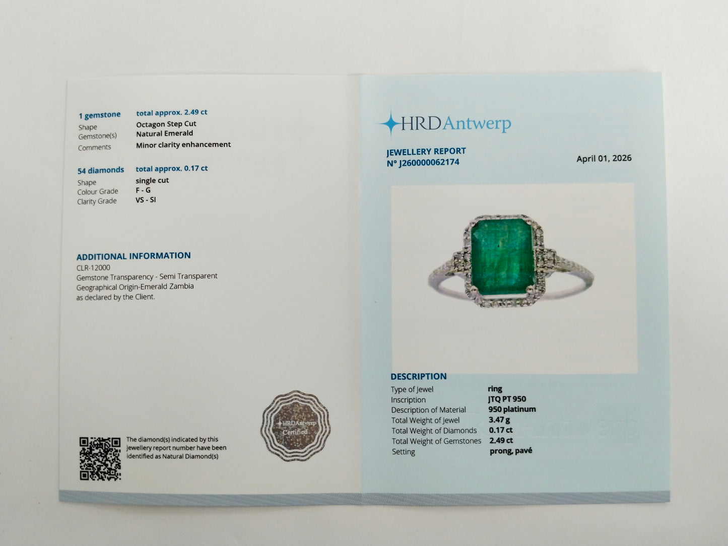 2.66 Ct Octagon Step Cut Natural Emerald 950 Platinum Ring
