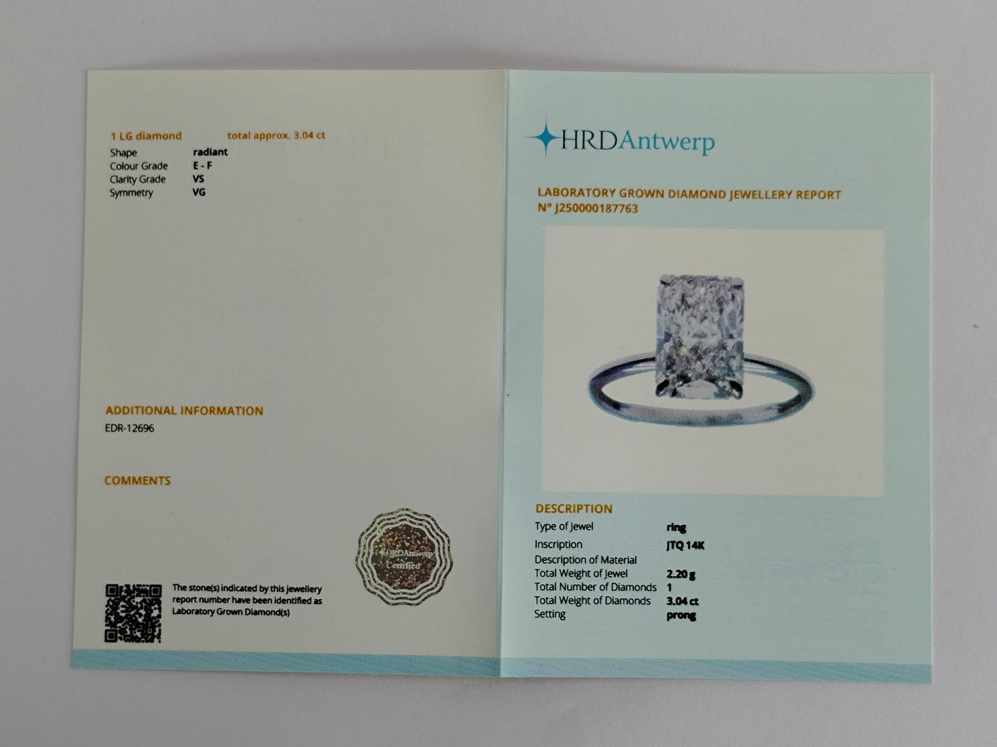 3.04 Carats Lab Grown Diamond 14K Gold Ring