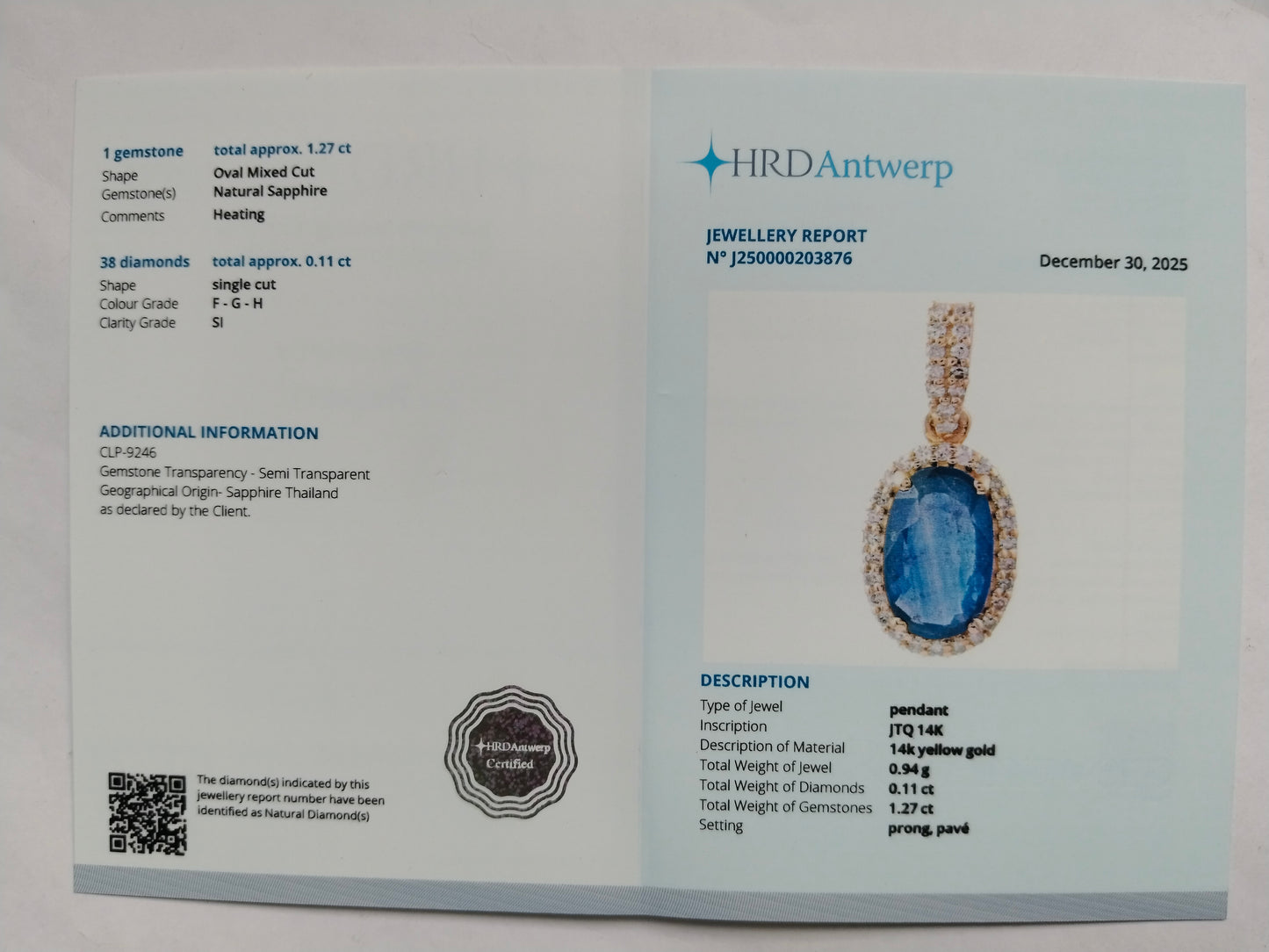 1.38 Ct Oval Mixed Cut Natural Sapphire 14K Gold Pendant