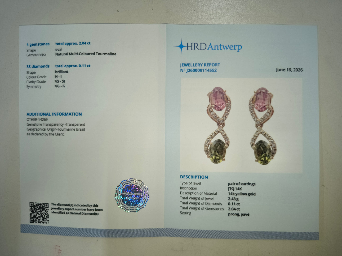 2.15 Ct Oval Natural Multi-Coloured Tourmaline 14K Gold Earrings