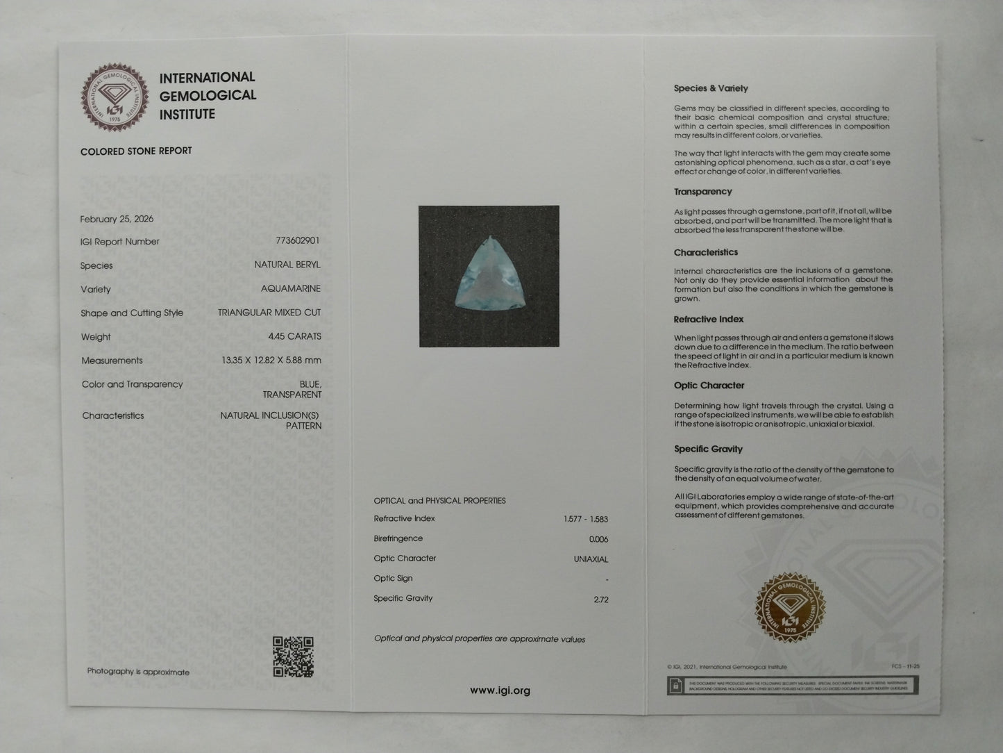 4.45 Natural Beryl Aquamarine Triangular Mixed Cut Gemstone