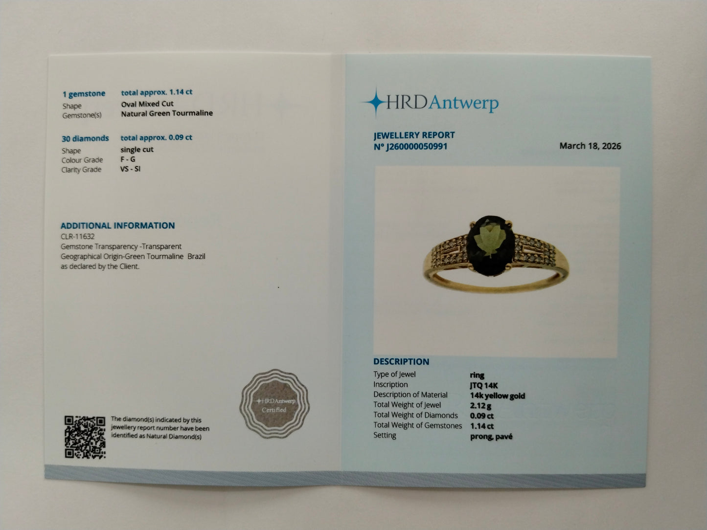 1.23 Ct Oval Mixed Cut Natural Green Tourmaline 14K Gold Ring