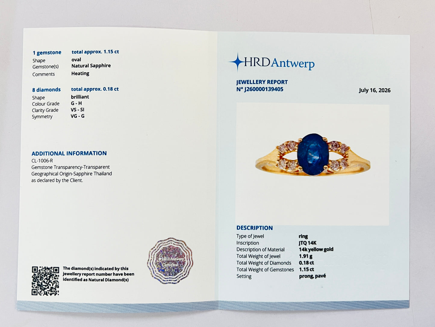 1.33 Ct Oval Natural Sapphire 14K Gold Ring