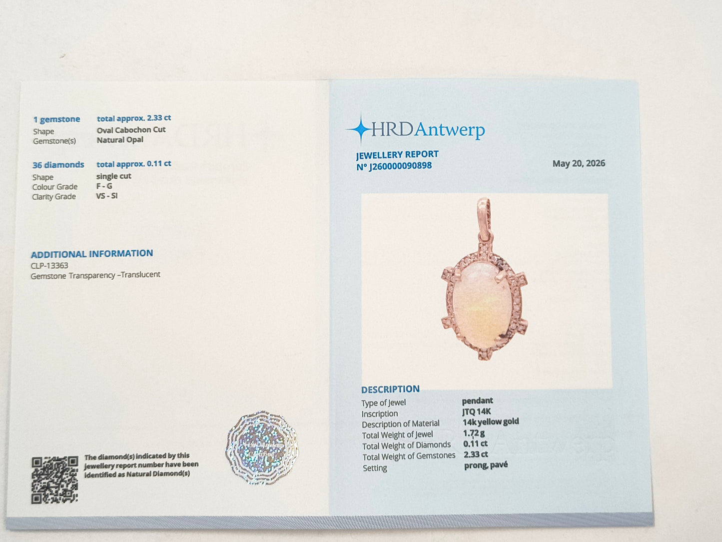 2.44 Ct Oval Opal 14K Gold Pendant