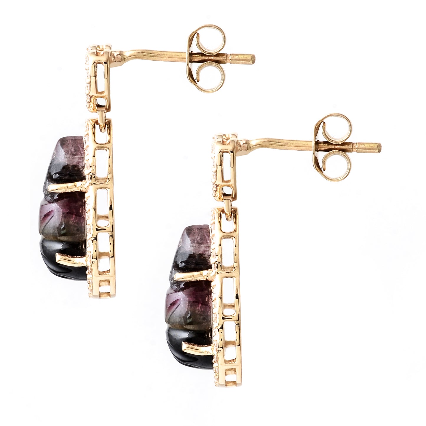 5.73 Ct Fancy Carving Natural Tourmaline 14K Gold Earrings