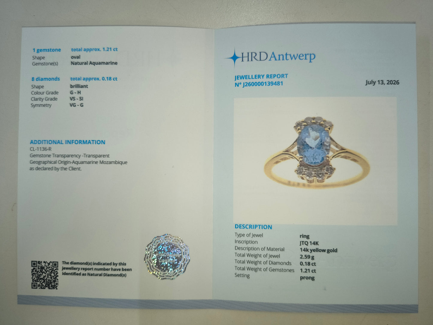 1.39 Ct Oval Natural Aquamarine 14K Gold Ring