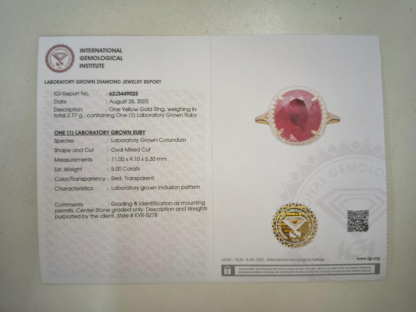 5.12 Ct Oval Mixed Cut Lab Grown Ruby 14K Gold Ring