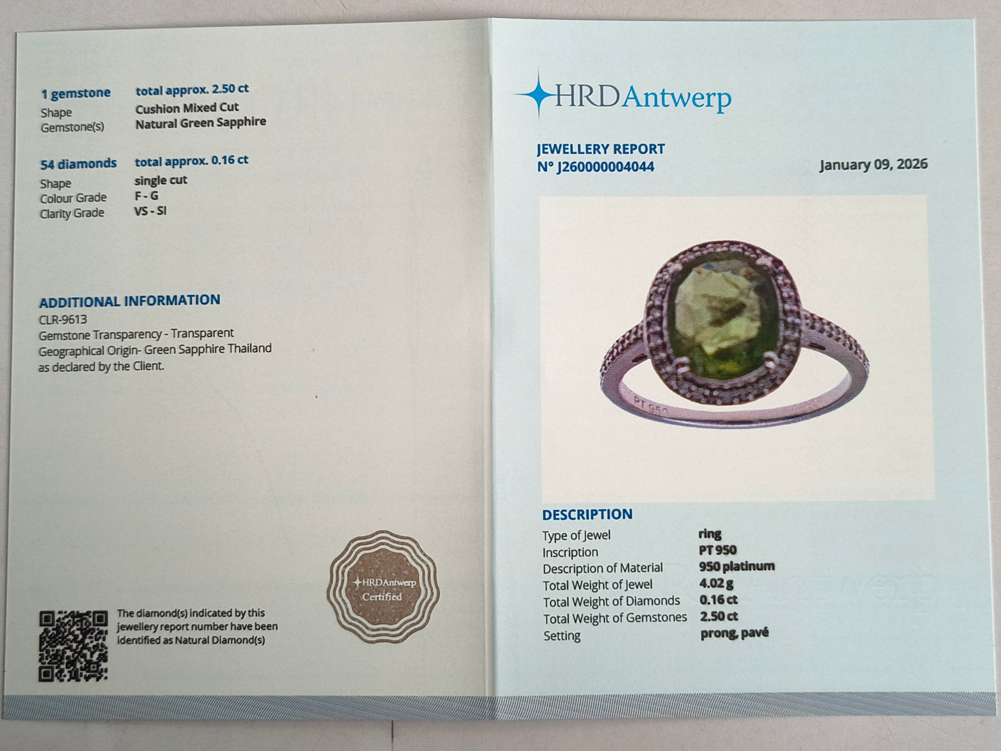 2.66 Ct Cushion Mixed Cut Natural Green Sapphire 950 Platinum Ring