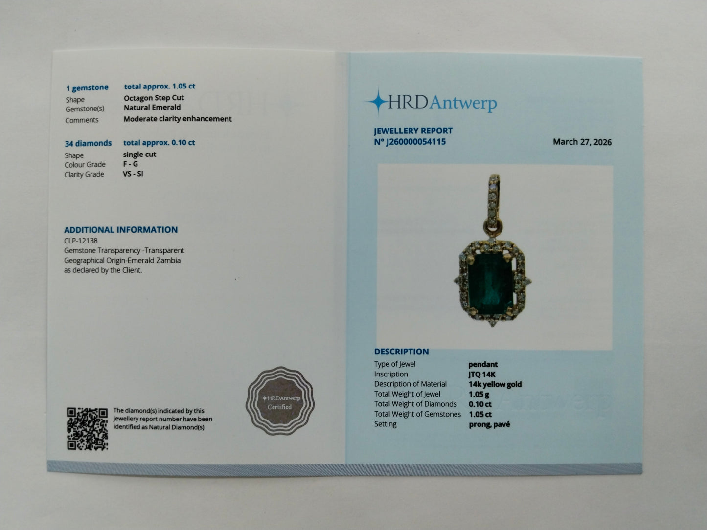 1.15 Ct Octagon Step Cut Natural Emerald 14K Gold Pendant