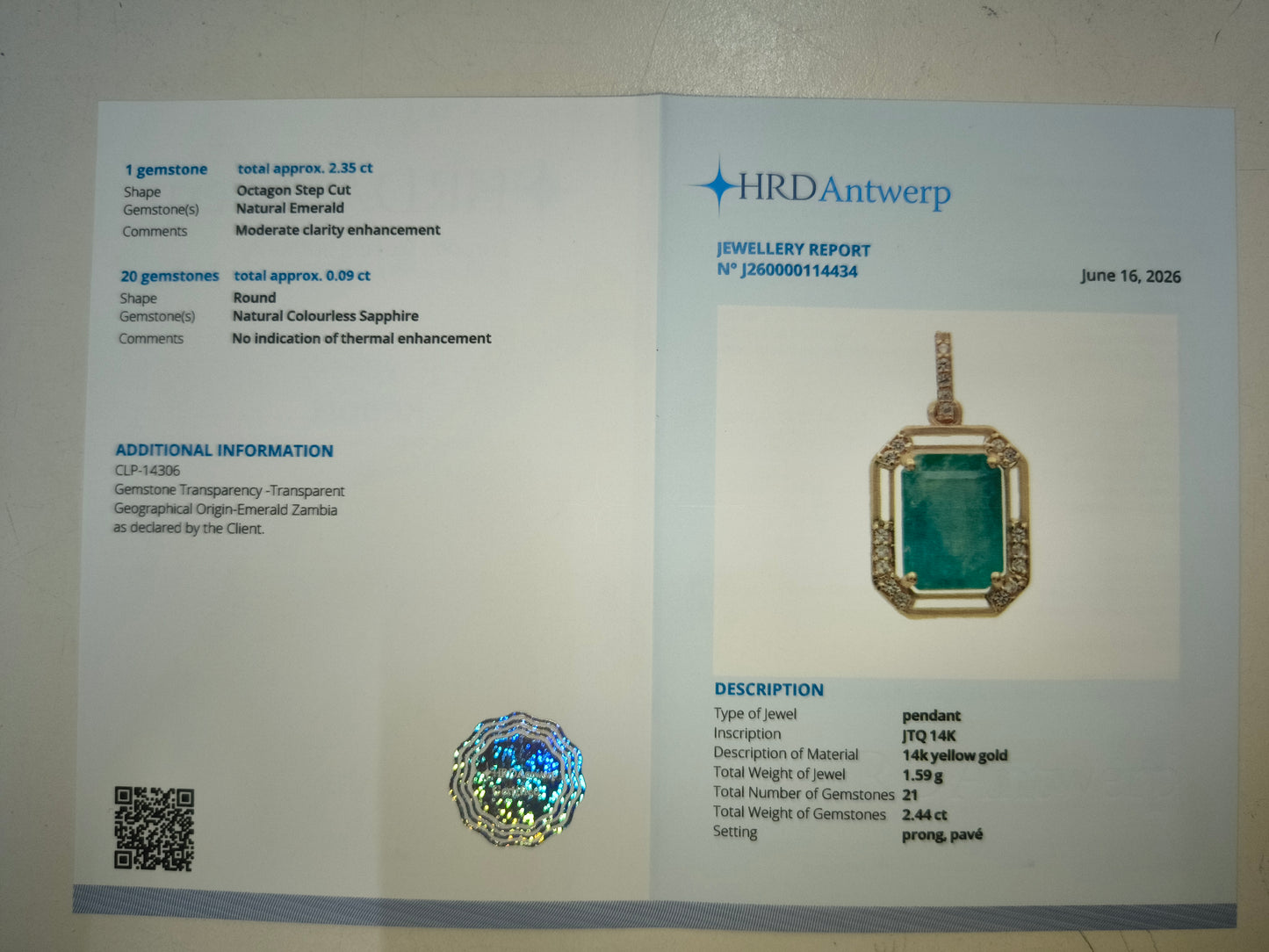 2.44 Ct Octagon Step Cut Natural Emerald 14K Gold Pendant
