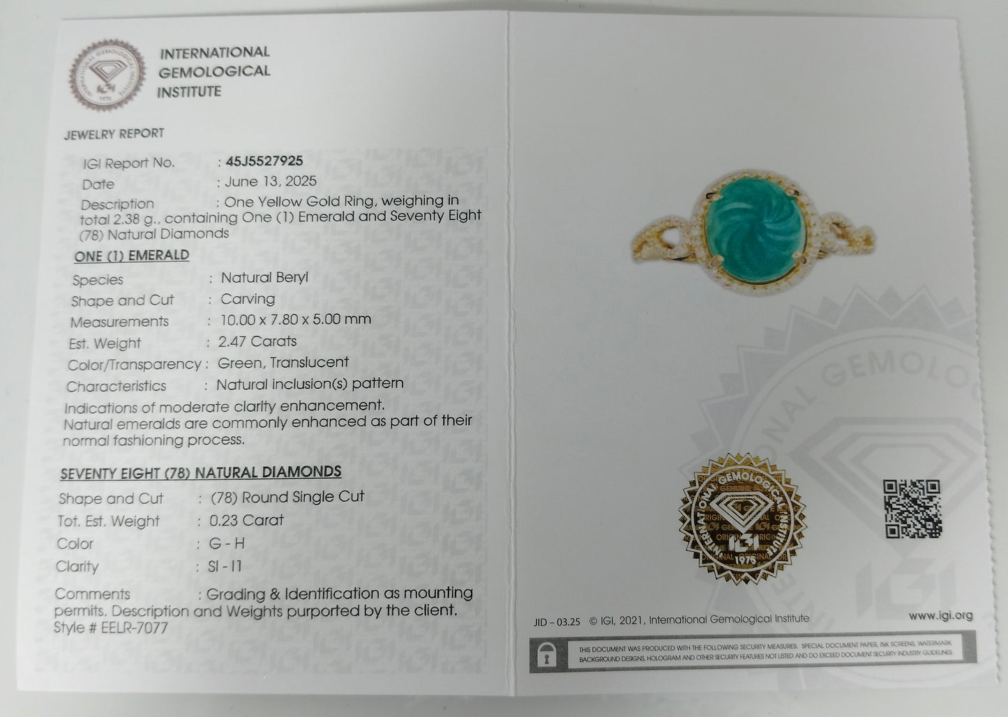 2.70 Ct Oval Carving Natural Beryl Emerald 14K Gold Ring